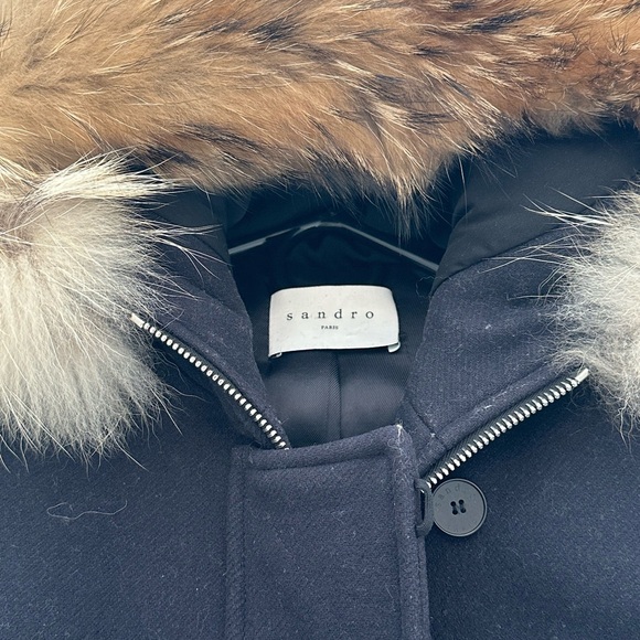 Sandro virgin wool coat with hood and racoon fur size 36 (size 2) color navy - Picture 6 of 7